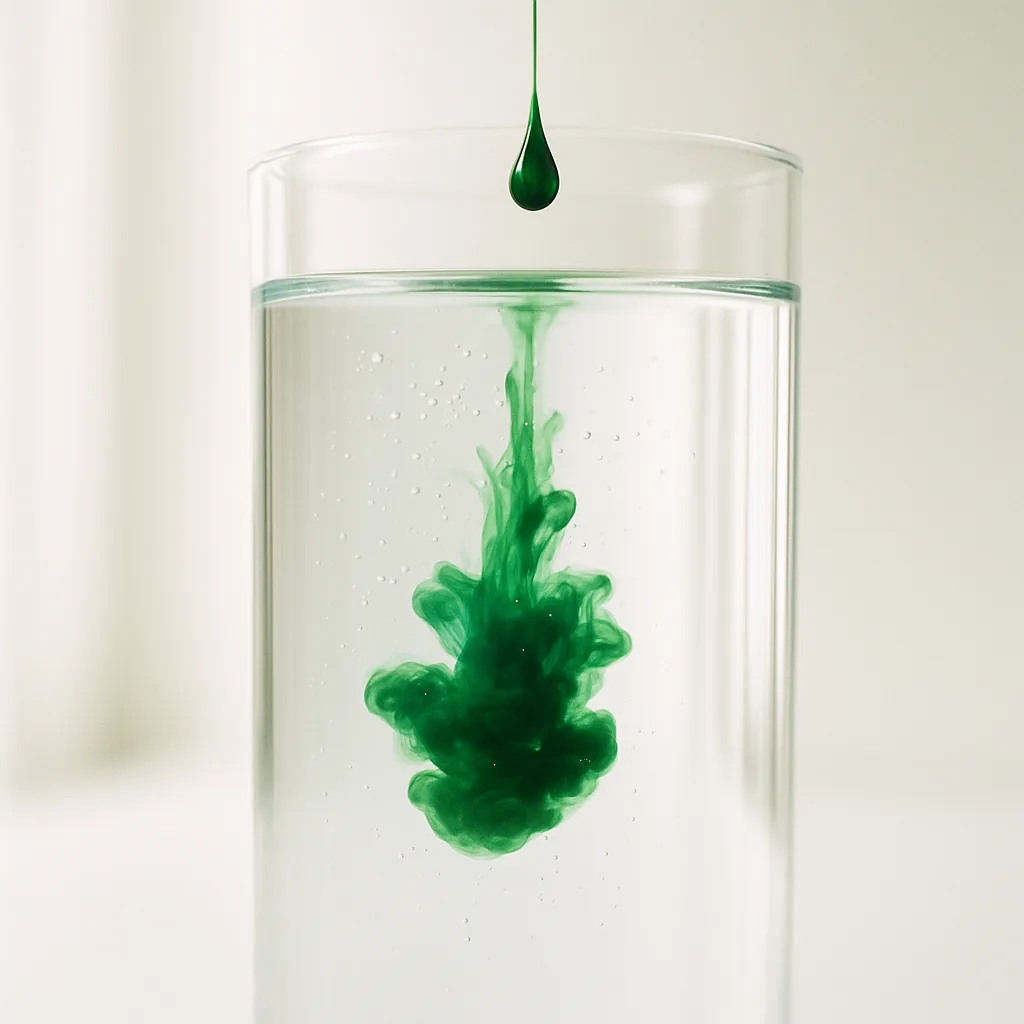 A Detoxil Water klorofillcseppje egy pohár vízben oldódik